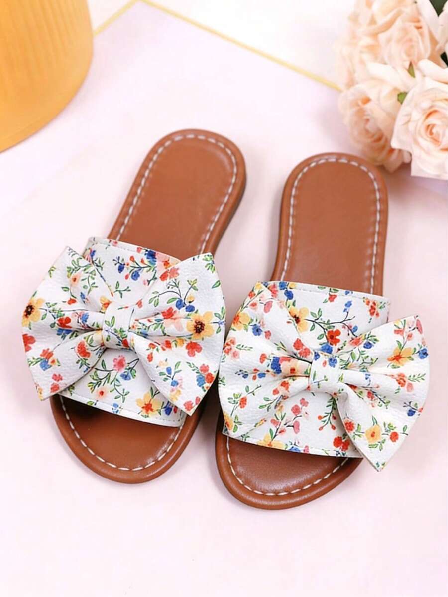 女童粉色花朵蝴蝶结拖鞋,夏季防滑软底儿童沙滩鞋,幼儿室内/室外两用拖鞋 - 白色 - 查看 1