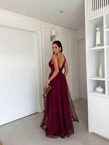 Greek Goddess Gala Dress In Tulle Without Glitter, With Capes And Invisible Zipper - Gỗ đỏ - Xem 3