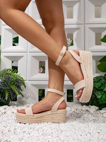 女士米色休闲编织绳厚底凉鞋，波西米亚度假风坡跟凉鞋，帆布鞋底绒面革鞋面踝带坡跟凉鞋，春夏度假复活节鞋 - 米色 - 查看 6