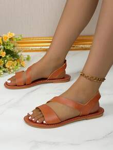 1 đôi dép xăng đan đế bằng tối giản dành cho nữ, kiểu dáng thường ngày, hở mũi, có quai kép, rất cần thiết cho việc mang hàng ngày. - màu nâu - Xem 2