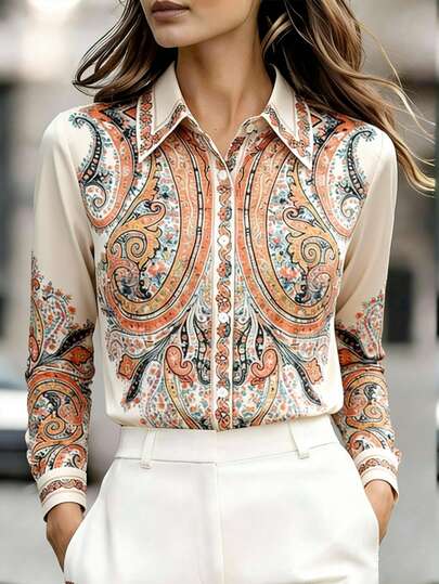 Standard Size Women's Cashew Print Bohemian Elegant Long Sleeve Shirt, Front Button Closure Shirt Collar, Suitable For Daily, Commute, Casual And Holiday Wear Spring