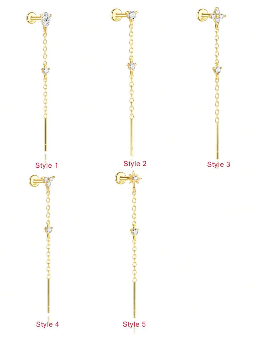 EleRunis 1件 925纯银花朵星星长流苏平底耳骨耳廓穿孔饰品，适合日常佩戴、婚礼、派对、订婚、周年纪念、情人节等场合。 - 金色 - 查看 1