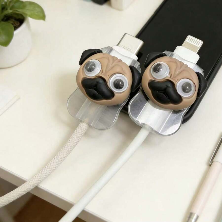 2 chiếc dây đeo điện thoại hình chó Pug dễ thương, chống gãy, chống nứt, tương thích với cáp sạc Lightning/Type-C, phụ kiện bảo vệ cáp. - màu nâu - Xem 1