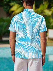 Blue Tropical Palm Leaf Pattern Symbolizes Relaxation Freedom And Summer Freshness Inspired By Coastal Breezes 3D Printed Short Sleeve Casual Button Down Shirt For Men Beach Resort Wear - 白色 - 查看 2