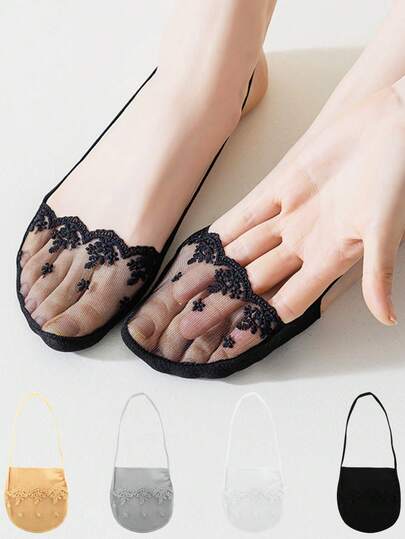 chuanwa（2） 1/5/10 Pairs Women's Transparent Lace Embroidered Low-Cut Forefoot Invisible Liner Socks, Soft Breathable Casual Boat Socks