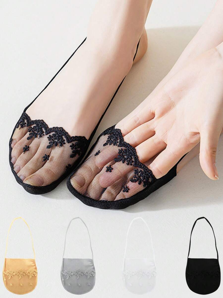 chuanwa（2） 1/5/10 Pairs Women's Transparent Lace Embroidered Low-Cut Forefoot Invisible Liner Socks, Soft Breathable Casual Boat Socks - Multicolor - View 1