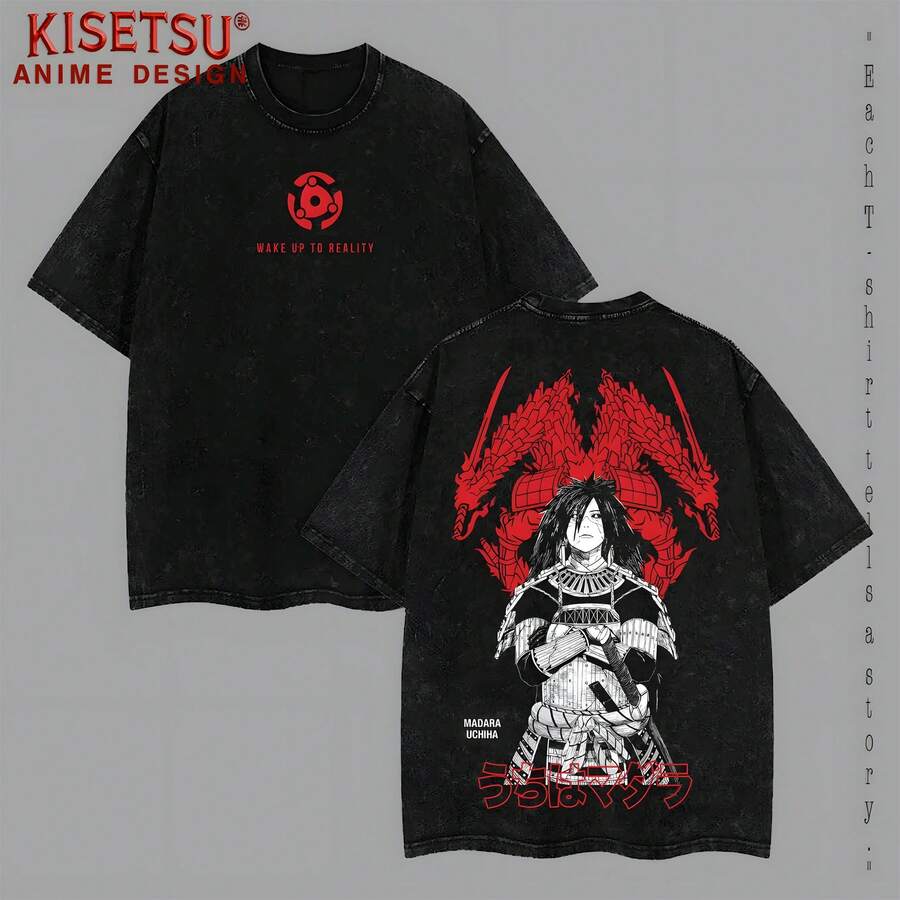 "Wake Up To Reality" Madara Uchiha T Shirt -N-Aruto Vintage Tee Washed Unisex PrintedAnime Streetwear Aesthetic N-Aruto MerchGift For Anime Fan, Weeaboo, Otaku. Summer Tops - 黑色 - 查看 1