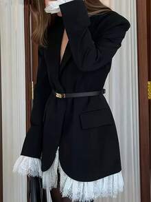 Áo khoác blazer nữ màu đen thanh lịch, đa năng, viền ren trắng ở gấu áo và cổ tay, phù hợp cho công sở, hẹn hò, đi làm, dự tiệc và mặc hàng ngày (không kèm thắt lưng). - màu đen - Xem 7