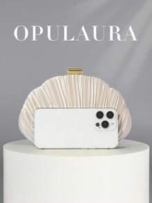 OpulAura 女士优雅奢华褶皱缎面盒形手拿包，浪漫婚礼手提包，迷人精致晚礼服包，简约杏色盒形钱包，配可拆卸链条，适合作为节日礼物 - 杏色 - 查看 4