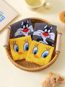 Noctvar OBM Sleepwear X LOONEY TUNES 2双装傻大猫和Chui Di卡通图案男士中筒袜，可爱卡通独特趣味图案，时尚夏季透气吸汗休闲百搭船袜，疯狂兔子图案，适合学生/成人作为礼物和日常穿着，情侣款 - 彩色 - 查看 1