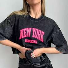 1PIECE T SHIRT ONLY Trus Cotton, Summer Women's Fun Printed Hip-Hop "New York" Personalized Letter Pattern Printed Street , Korean Version Comfortable Retro Fashion Commuting Versatile Y2k Clothing Women's Clothing, Suitable For Outdoor Leisure Short Sleeve,Graphic Tee For Women/Man - màu đen - Xem 6