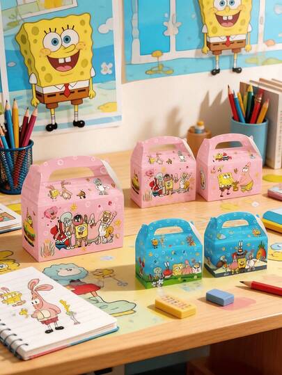 SpongeBob SquarePants 12pcs/Set Cute Cartoon Character Themed Party Gift Boxes - Creative Paper Gift Bags Collectible Edition, Featuring SquarePants, Squidward, Sandy, Plankton, Mr. Krabs Characters In Pink Color And Random Styles, Perfect For Birthday Party, Surprise Party, Candy Boxes, Party Decorations, Best Holiday Gift Box For Friends, Festive Celebration Accessories, Fun Small Items, Portable And Lightweight Party Decor Set
