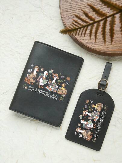 可爱的“Just A Traveling Goose”印花护照夹兼行李牌，纯色护照套，适合跨境商务和户外旅行的旅行配件，旅行必备，旅行收纳包，旅行钱包，护照夹，护照钱包，沙滩度假包，夏季圣诞节假期，送给她、妈妈、家人、朋友、女朋友、周年纪念日、母亲节的理想礼物