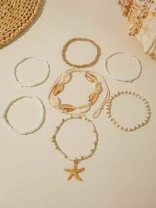 7件套波西米亚风锌合金海星树脂串珠手链，精美礼物，适合女性海滩度假 - 25134-bra-R-G-1 - 查看 4