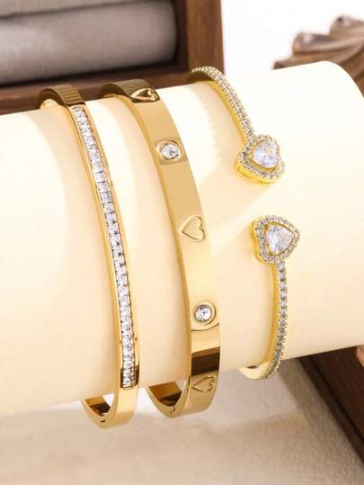 1/3 piezas Pulsera de acero inoxidable chapada en oro de 18K con diseño de corazón, resistente al agua y a la decoloración, apta para uso diario