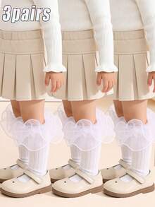 3 đôi tất cao cổ có bèo nhún, màu trơn dành cho bé gái, thích hợp cho mùa tựu trường và mặc hàng ngày. - trắng - Xem 2