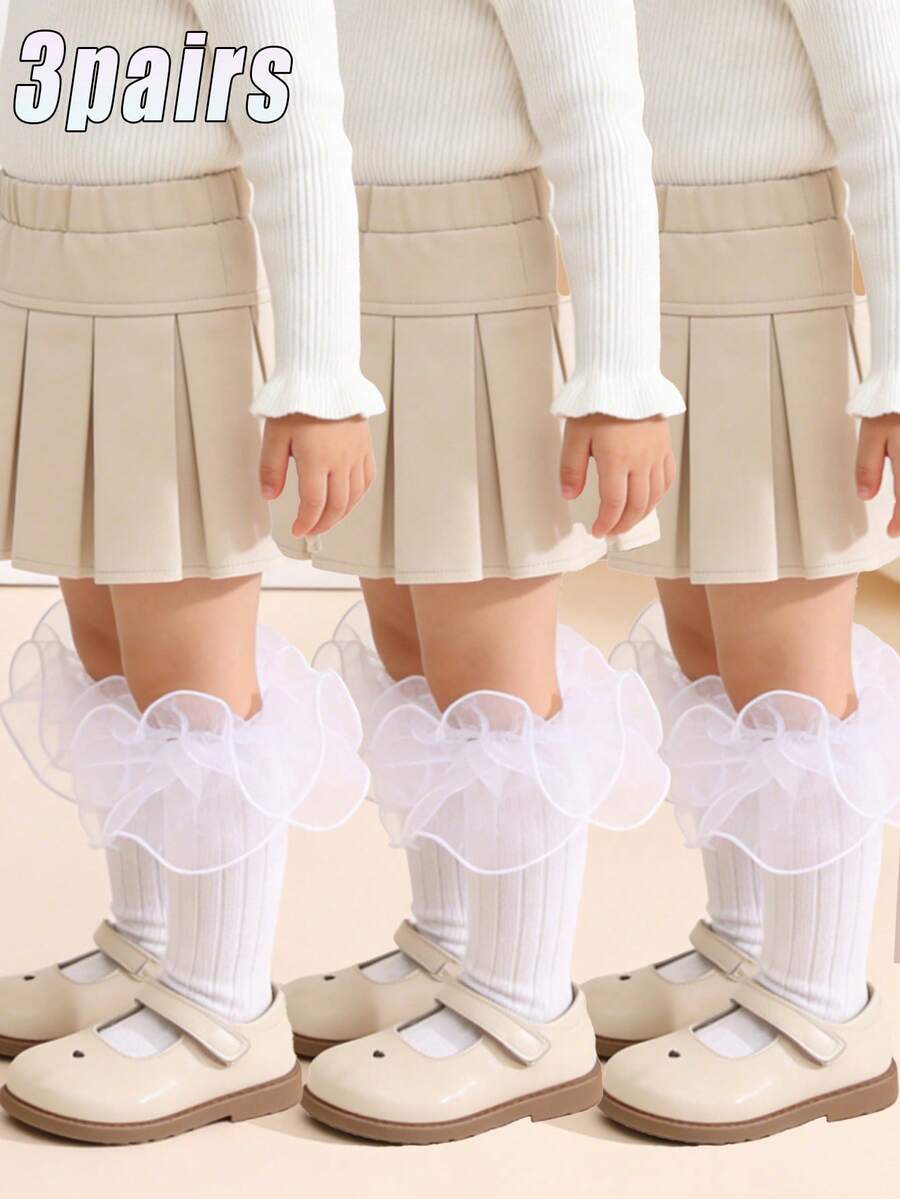 3 đôi tất cao cổ có bèo nhún, màu trơn dành cho bé gái, thích hợp cho mùa tựu trường và mặc hàng ngày.
