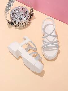 1 Pair Children's Summer Silver Rhinestone High Heel Sandals, Criss-Cross Strap Kids Thick Sole White Sandals, Minimalist Solid Color Versatile Elastic Band Casual Sandals, Suitable For Daily Wear And Matching Outfits - White - View 5