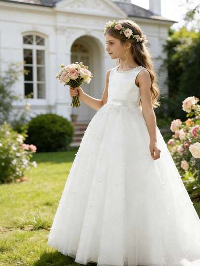 Young Girls ' Elegant Backless Bow Faux Pearl Mesh Sleeveless Maxi Dress, Suitable For Flower Girl, Birthday Party, Stage Performance, Wedding, Prom, Graduation, Easter, Vacation