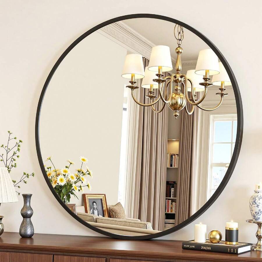 20 Inch Round Mirror For Wall, Round Bathroom Mirror, Circle Wall Mirrors With Black Metal Frame, Circle Mirrors Suitable For Wall, Bathroom, Vanity, Living Room, Entryway - 黑色的 - 查看 1
