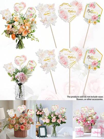 6支母亲节及生日主题花卉装饰插牌，适用于母亲节派对装饰、餐桌花卉摆件、生日派对用品及母亲节餐桌装饰。