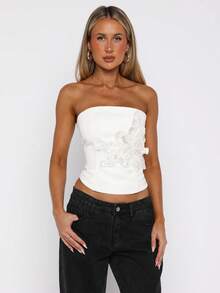 Women Summer Crop Tube Tops Sequin Floral Off-Shoulder Bandeau Backless Shirts For Streetwear - White - View 2