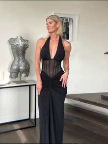 Halter Neck Evening Gown Open Back Draped Pleated Detail Bodycon Mermaid Maxi Formal Dress - Blanco - Ver 8
