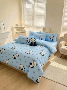 Panda Pattern Cotton Duvet Cover Set – 70% Cotton, Made In Turkey - Baby Blue - View 1