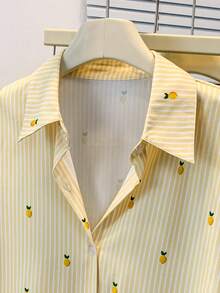 女士长袖条纹衬衫，Polo领，柠檬印花 - 百搭休闲工作上衣，适合办公室、通勤、度假和居家穿着，春夏秋季皆宜 - 黃色檸檬 - 查看 4