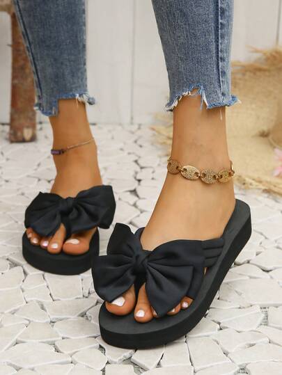 Bow Thong Sandals For Women, Summer Fashion Outdoor Slippers, New Non-Slip Thick Sole Flip Flops, Beach Slides, Wedge Heel, Holiday