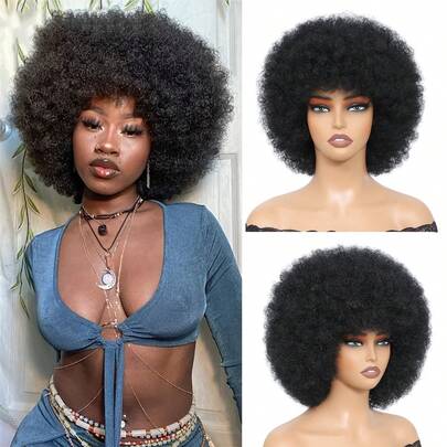 Soft Afro Wig For Women Afro Kinky Curly Hair Wigs With Bangs Short Afro Curly Wig For Afro Puff Wig Synthetic Hair Big Afro Wig For Daily Party Use