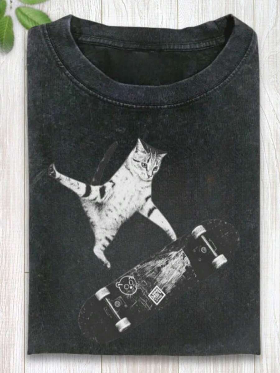 COMMERCE 1PC Vintage Skateboarding Cat T-Shirt - Retro Skateboard & Kitten Graphic, Casual Round Neck Tee For Skate Culture, All-Season Fit For Skating & Casual Attire Mens  Summer Tops - màu đen - Xem 1