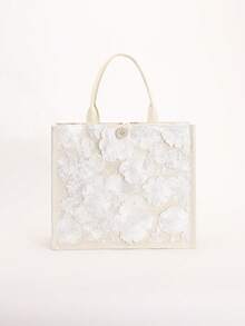 1 chiếc túi tote vải lanh phối lưới và đính sequin nhiều màu sắc, thiết kế thêu hoa lá thời trang, túi đeo vai vuông dung tích lớn, túi mua sắm phong cách thường ngày cho kỳ nghỉ (Họa tiết hoa được phân bố ngẫu nhiên) - trắng - Xem 4