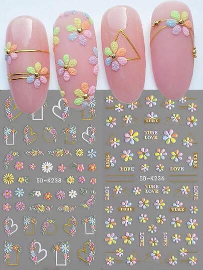 5D French Nail Stickers Acrylic Gold Frame Flowers Love Decor Embossed Sliders Nail Decals Daisy Floral Print Pattern Summer Manicure Salon Supplies