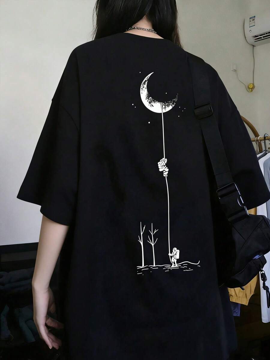 女款時尚夏季寬鬆卡通印花短袖T恤休閒黑色 - 黑色 - 查看 1