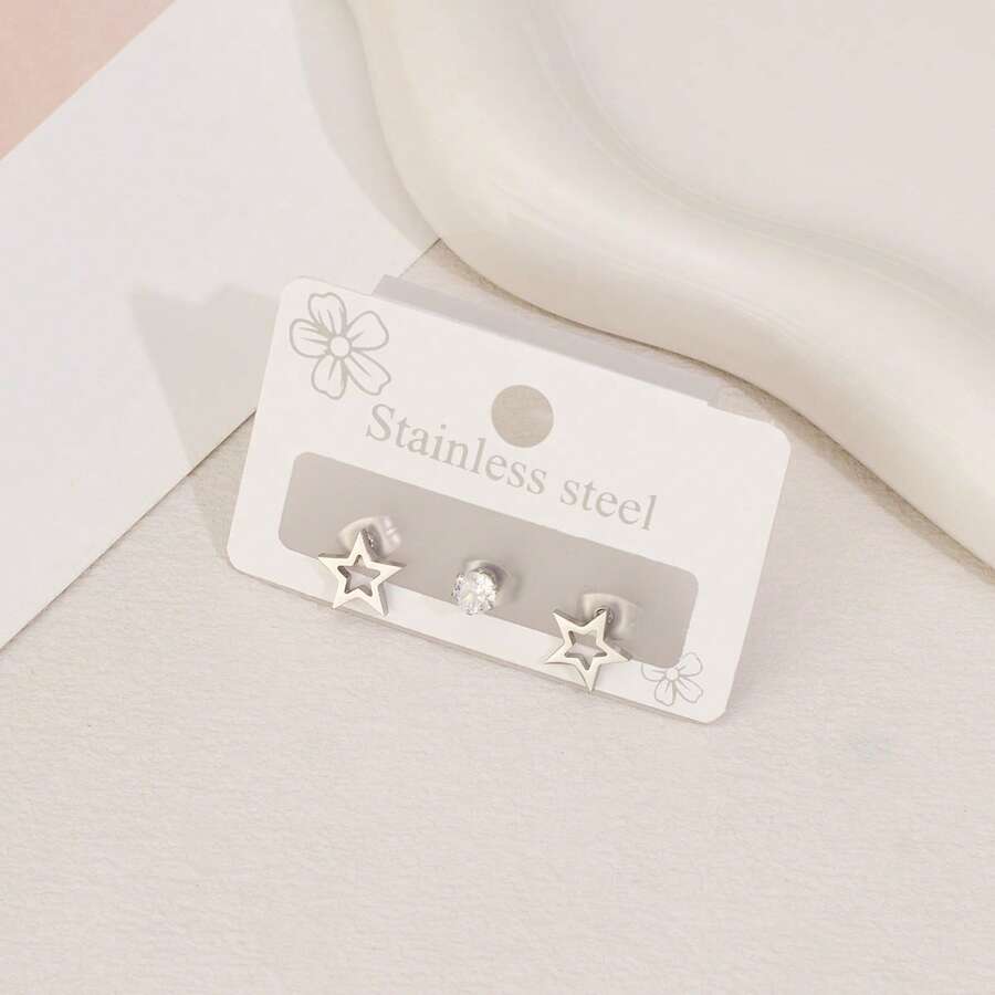 Fashionable Stainless Steel Earrings, Inlaid With Diamonds, Small Star-Shaped Stud Earrings With Punk-Style Pierced Ears. Feminine Starry Minimalist Jewelry.