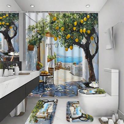 1 件地中海柠檬树露台浴帘 - 鲜艳的数码艺术印花，饰有乡村餐桌和海景，70x70 英寸可水洗浴室装饰，包含 12 个挂钩，海景图案