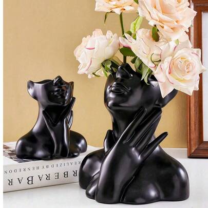 1pc Minimalist Style Half-Body Human Sculpture Vase, Modern Creative Vase With Hand Touching Vase Neck Design