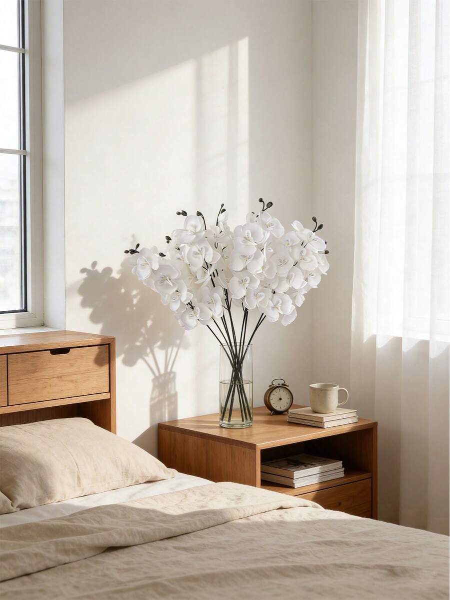 1/3/6/7 支白色仿真兰花，8 个逼真触感的大花头蝴蝶兰花茎，经典款仿真兰花花束，装饰性丝绸蝴蝶兰花，仿真花枝，适用于客厅家居装饰 - 白色 - 查看 1