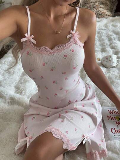 Lace Patchwork Sexy Floral Bodycon Camisole Nightgown Sleepwear, Cute Ladies Home Dress For Spring, Summer & Autumn