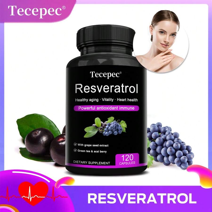 Resveratrol Capsules Contain Grape Seed Extract, Green Tea, And Acai Berry - Support Immune, Skin, Heart & Digestive Health - 120 Capsules - 1瓶 - 查看 1