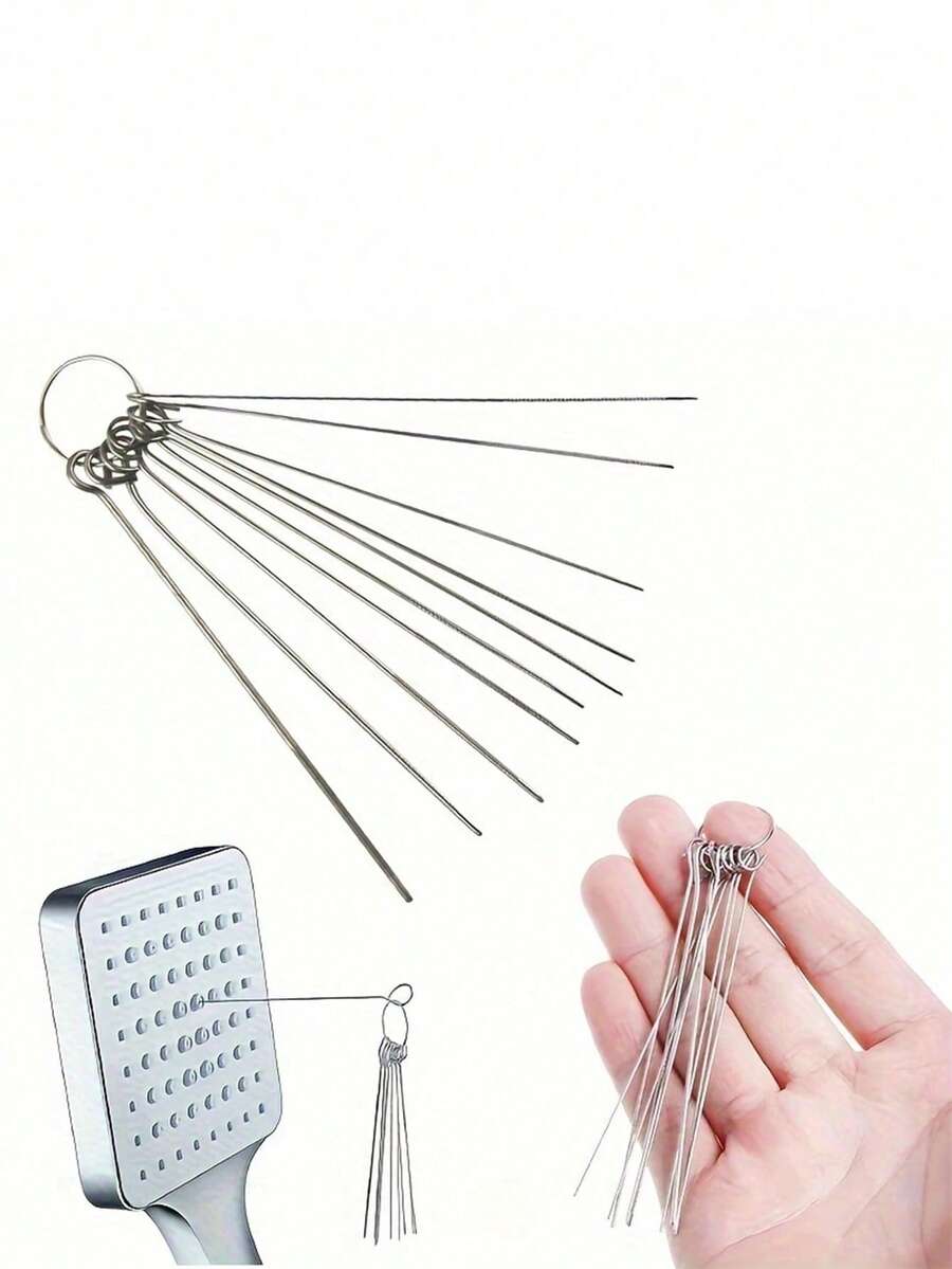 10 piezas Juego de agujas de limpieza para cabezal de ducha manual sin electricidad, adecuado para uso doméstico y al aire libre. Utilice alcohol con patrón para limpiar y desatascar los cabezales de ducha. Herramientas de limpieza, productos de limpieza del hogar y cuidado personal - A - Ver 1