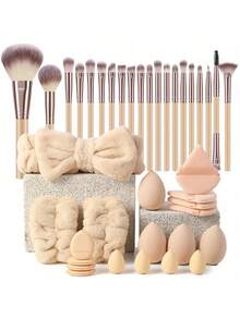 39PCS Makeup Tools Set Including:20PCS Makeup Brush Set+1pc Hairband+4PCS Makeup Sponges+4PCS Triangle Powder Puffs+2PCS Hand Bowl Strap+4PCS Mini Air Cushion Powder Puffs+4PCS Mini Makeup Sponges,All-In-One & Beginner-Friendly | Travel-Ready & Gift-Ready | Perfect For Newbies/Her - Multicolor - View 1