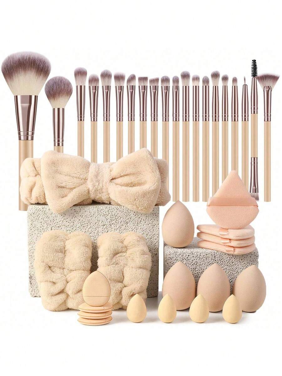 39PCS Makeup Tools Set Including:20PCS Makeup Brush Set+1pc Hairband+4PCS Makeup Sponges+4PCS Triangle Powder Puffs+2PCS Hand Bowl Strap+4PCS Mini Air Cushion Powder Puffs+4PCS Mini Makeup Sponges,All-In-One & Beginner-Friendly | Travel-Ready & Gift-Ready | Perfect For Newbies/Her - Multicolor - View 1