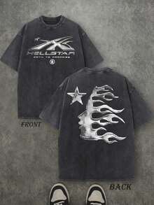 Men's Oversized Washed Graphic T-Shirt Hell Flame Star Silver Print Vintage Streetwear Teesummer Outfits For Womengraphic Tees - Black 2 - 查看 9