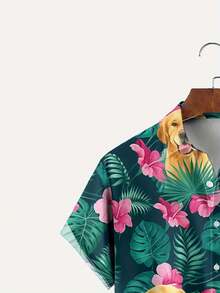Golden Retriever Surrounded By Vivid Tropical Leaves And Pink Hibiscus Flowers Symbolizes Warmth Loyalty And The Joy Of Summer Life 3D Print Men's Casual Hawaiian Shirt Summer Beachwear - 白色 - 查看 3