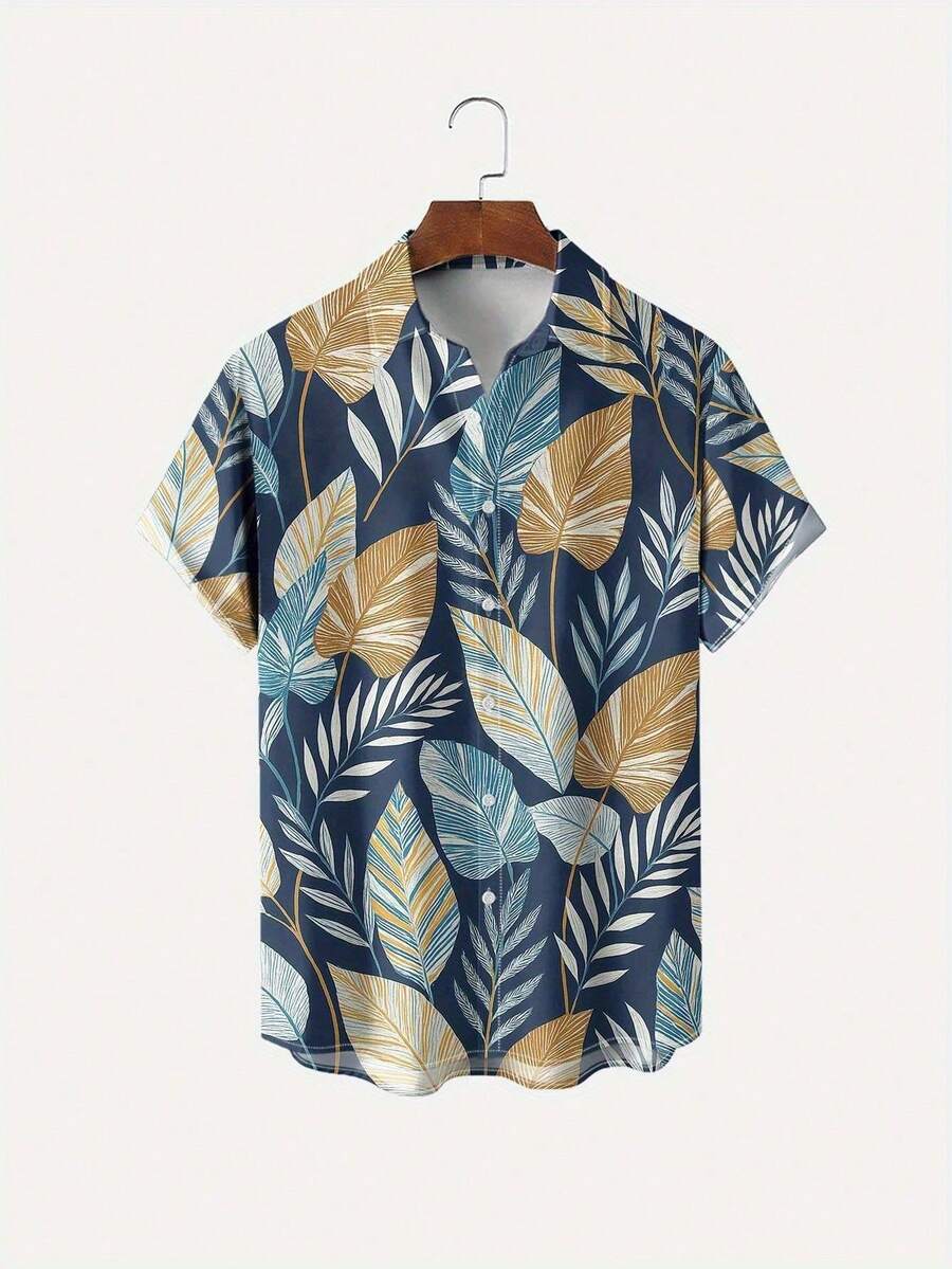 Golden And Blue Tropical Leaf Pattern Symbolizing Freedom And Natural Vitality 3D Print Short Sleeve Button Up Casual Men's Summer Shirt - trắng - Xem 1