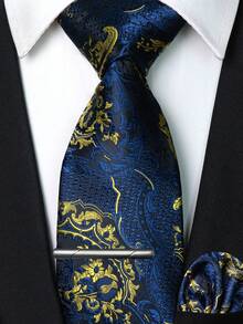1/2/3/4/5 Pcs Set Navy Blue & Gold Paisley Necktie, Pocket Square, Silver Tie Clip, Cufflinks And Lapel Pin, For Men's Workplace, Business, Meetings, Weddings - Navy Blue - View 17
