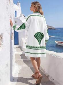 印花宽松雪纺连衣裙，春夏度假休闲优雅 - 綠色 - 查看 5