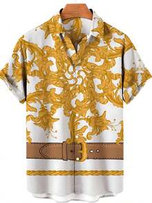 Camisa de manga corta con botones estampada en 3D para hombres, con un patrón de brújula floral dorada que irradia simetría, simbolizando dirección, sabiduría y elegancia para un estilo de sí mismo - A508D-AT22876 - Ver 3